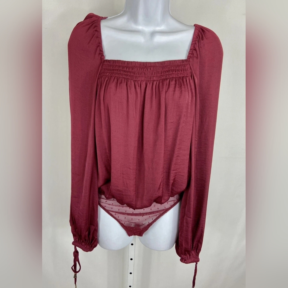 Free People Another Round Pomegranate Peasant Sleeve Blouse Thong Bodysuit M
